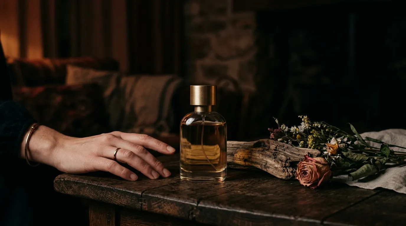 A hand beside a plain gold-capped perfume bottle, driftwood and dried flowers on a dark wooden table