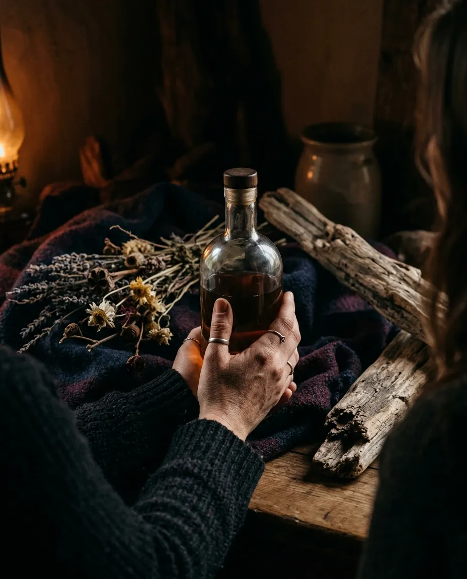 A hand holding a plain glass bottle of amber liquid beside dried flowers and driftwood in lamplight